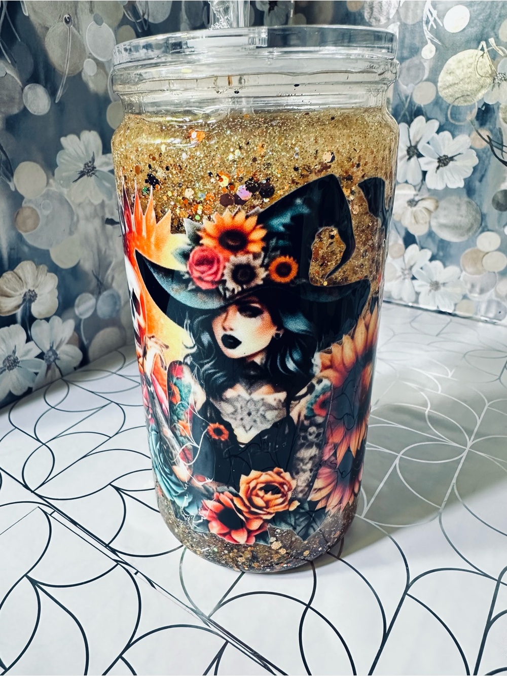 Artisan Witch Floral Glitter Tumbler - Black & Orange